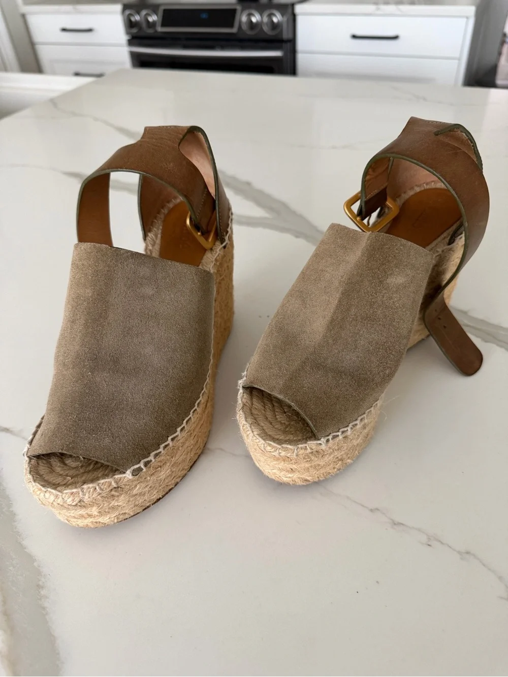 Chloe Olive Suede Espadrille Wedges with Brown Leather Ankle Straps